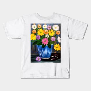 A beautiful bouquet flowers in a glass and gold vase . Using my favorite colors as vibrant background Using Acrylic and metallic paints. Kids T-Shirt